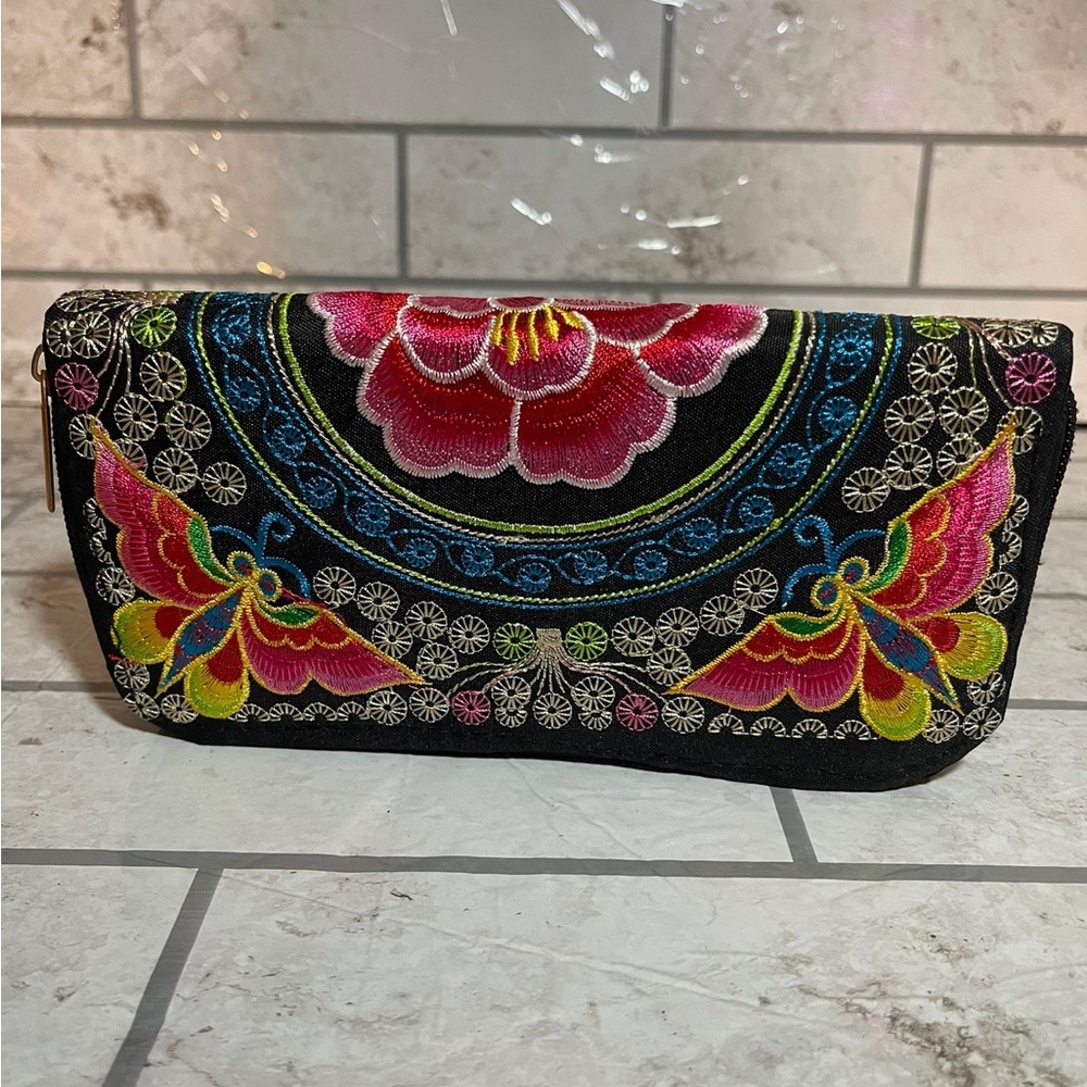 Embroidered Butterfly Women’s ZipAround Wallet Black Floral Boho Clutch Colorful